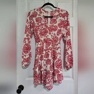 Floral Red and White Romper Dress | Size S